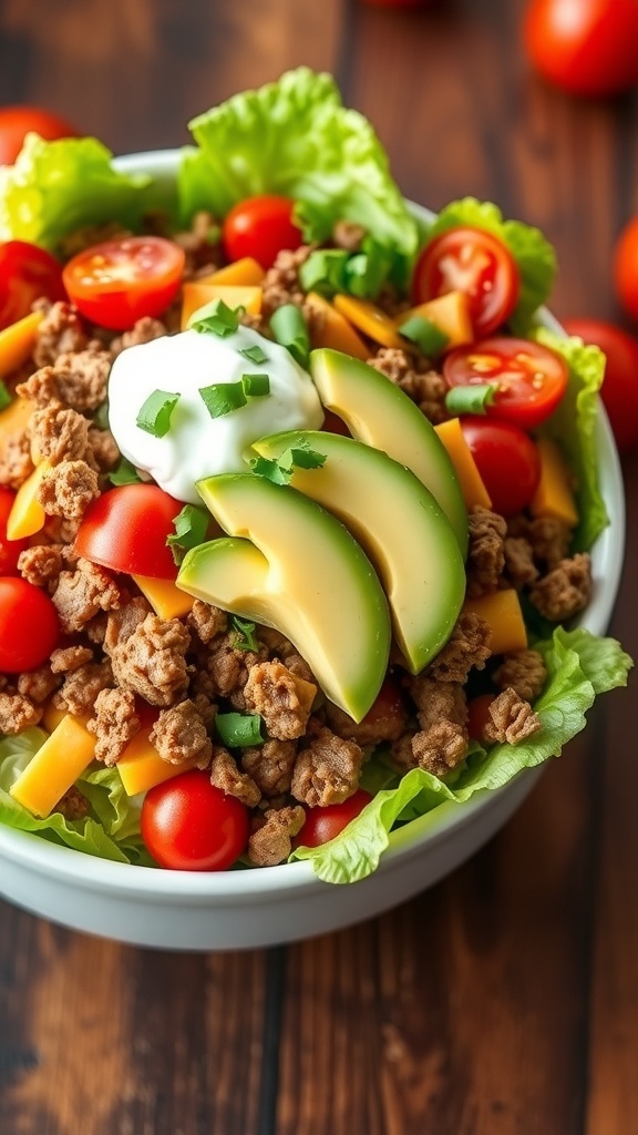 A colorful low carb taco salad with lettuce, ground beef, tomatoes, cheese, and avocado in a bowl.